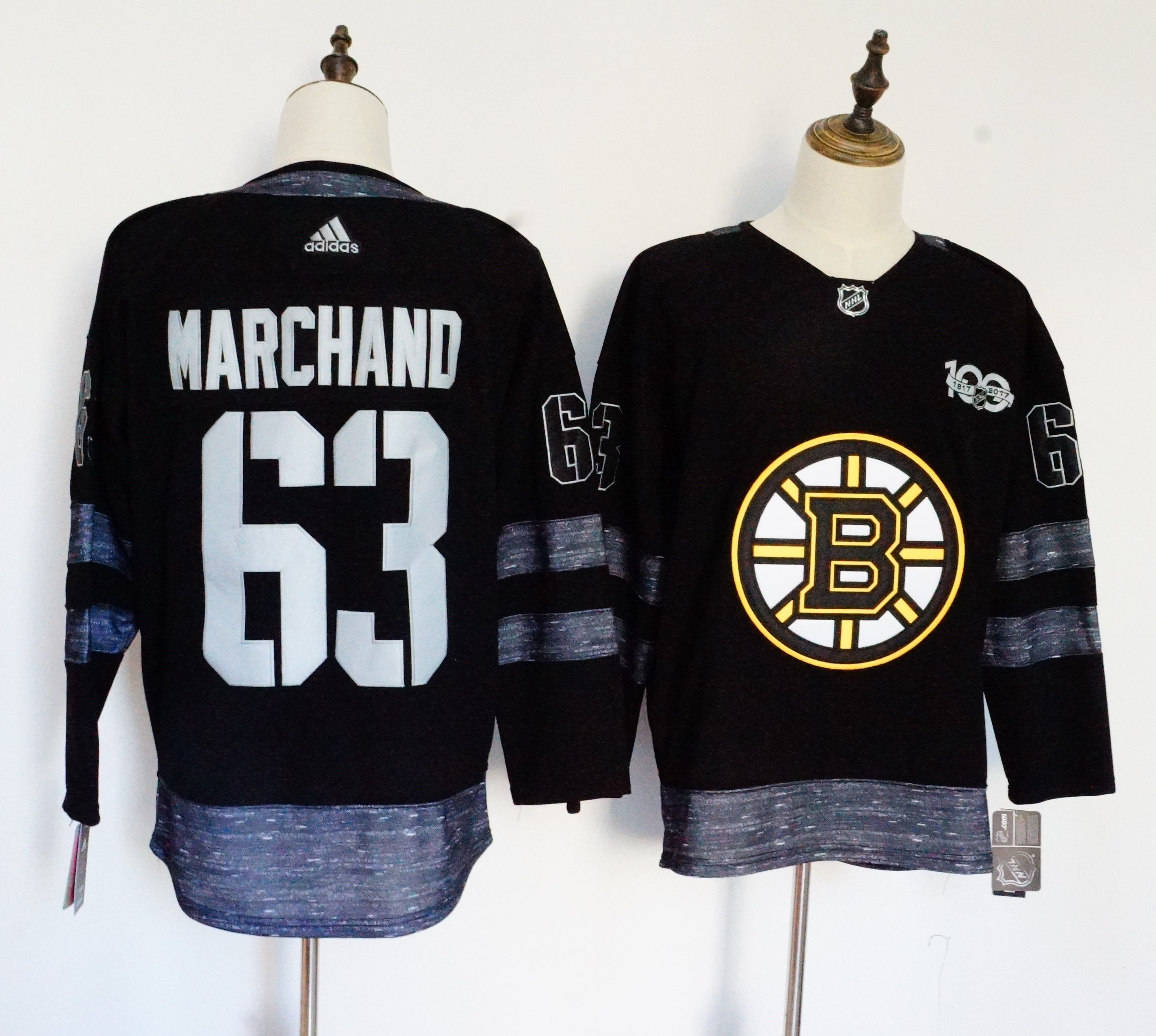 Men Boston Bruins #63 Marchand Black 100th Anniversary Stitched Adidas NHL Jerseys->toronto maple leafs->NHL Jersey